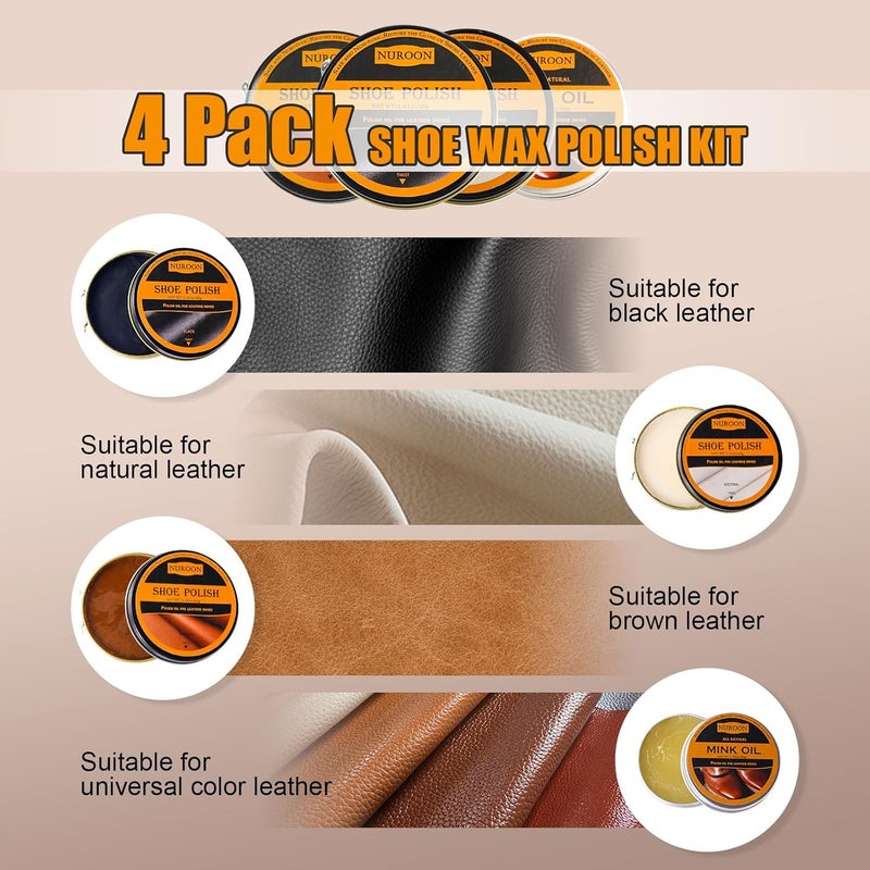 NBUOON 13Pcs Shoe Care Kit for Men & Women,3 Horsehair Shoe Polish Brush,Black Brown Neutral Mink Oil for Shoes,Care for Leather Boots, Shoe Cleaning Kit as Gift for Men with Shine Sponges & Care Cloth - Image 3